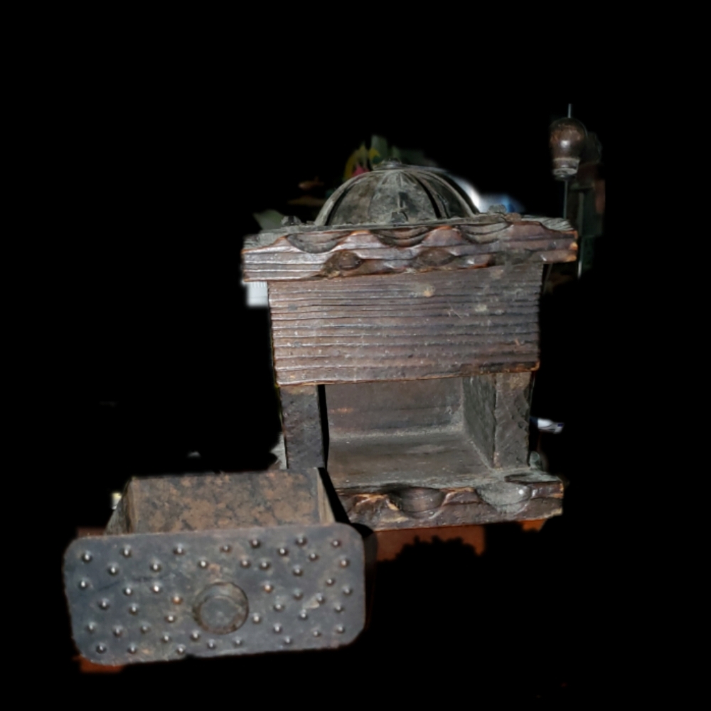 Vintage Wooden Coffee Grinder with Black Cast Iron(?) Top